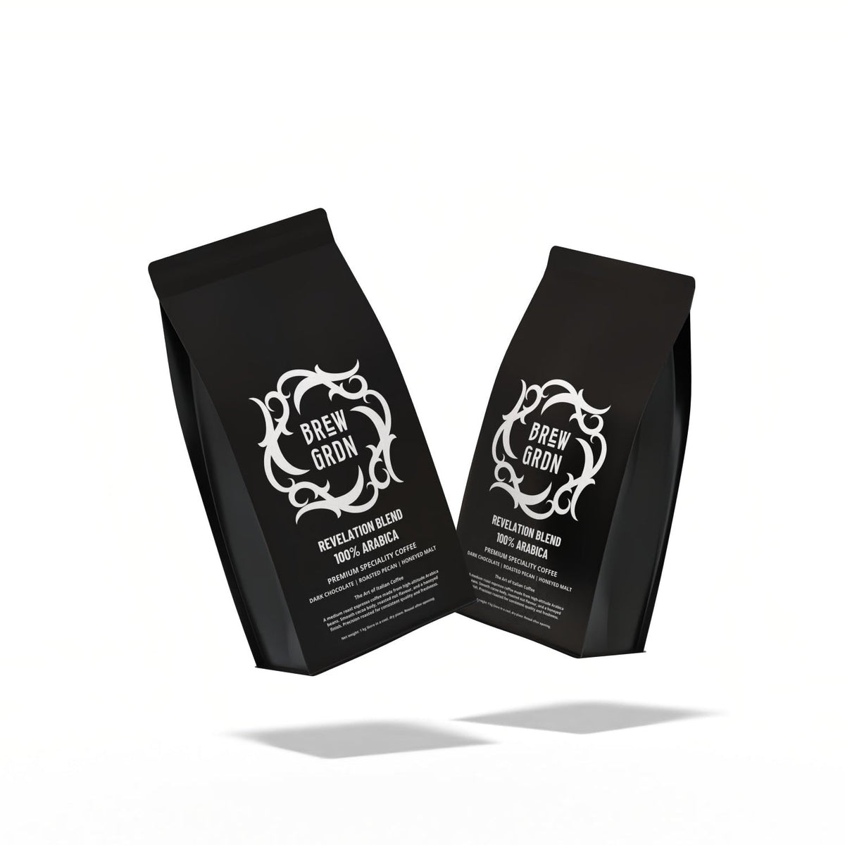 black 1kg coffee bag with Brew Garden crest 