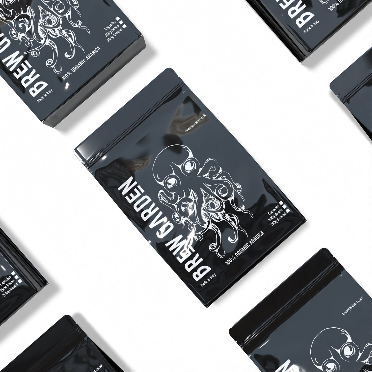Black coffee bag with BrewGarden octopus logo 250g 