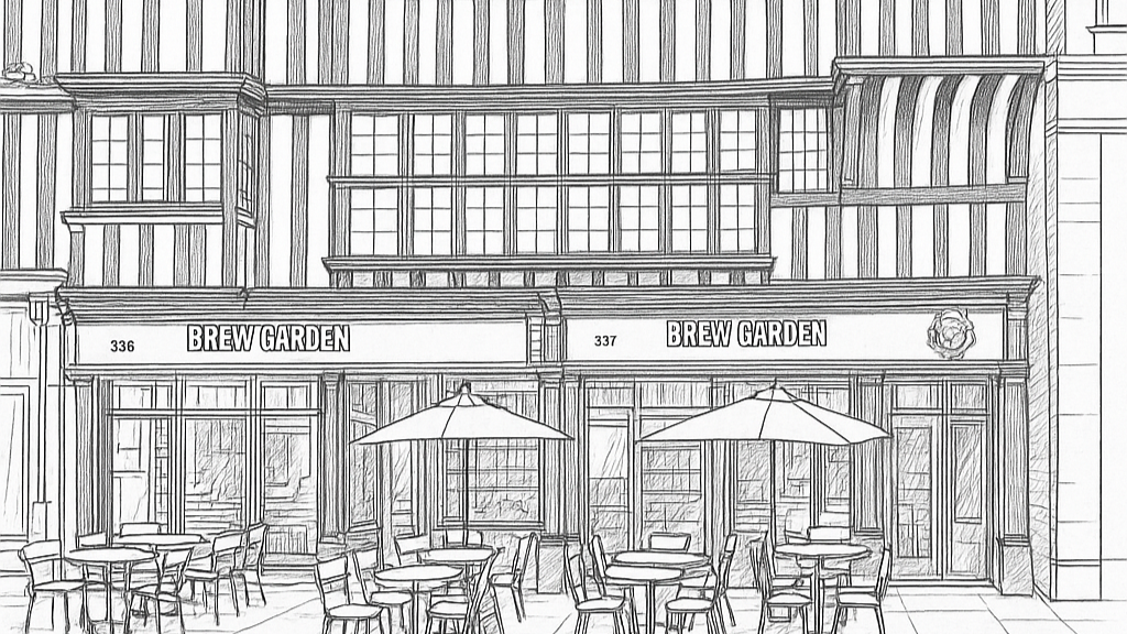Line drawing of a multi-story building with street-level cafes and outdoor seating.