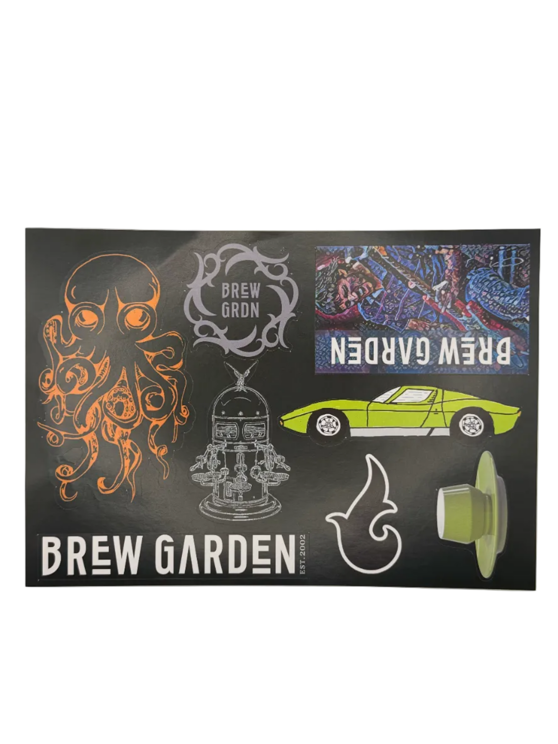 Brew Garden branded stickers with various graphics on a green background