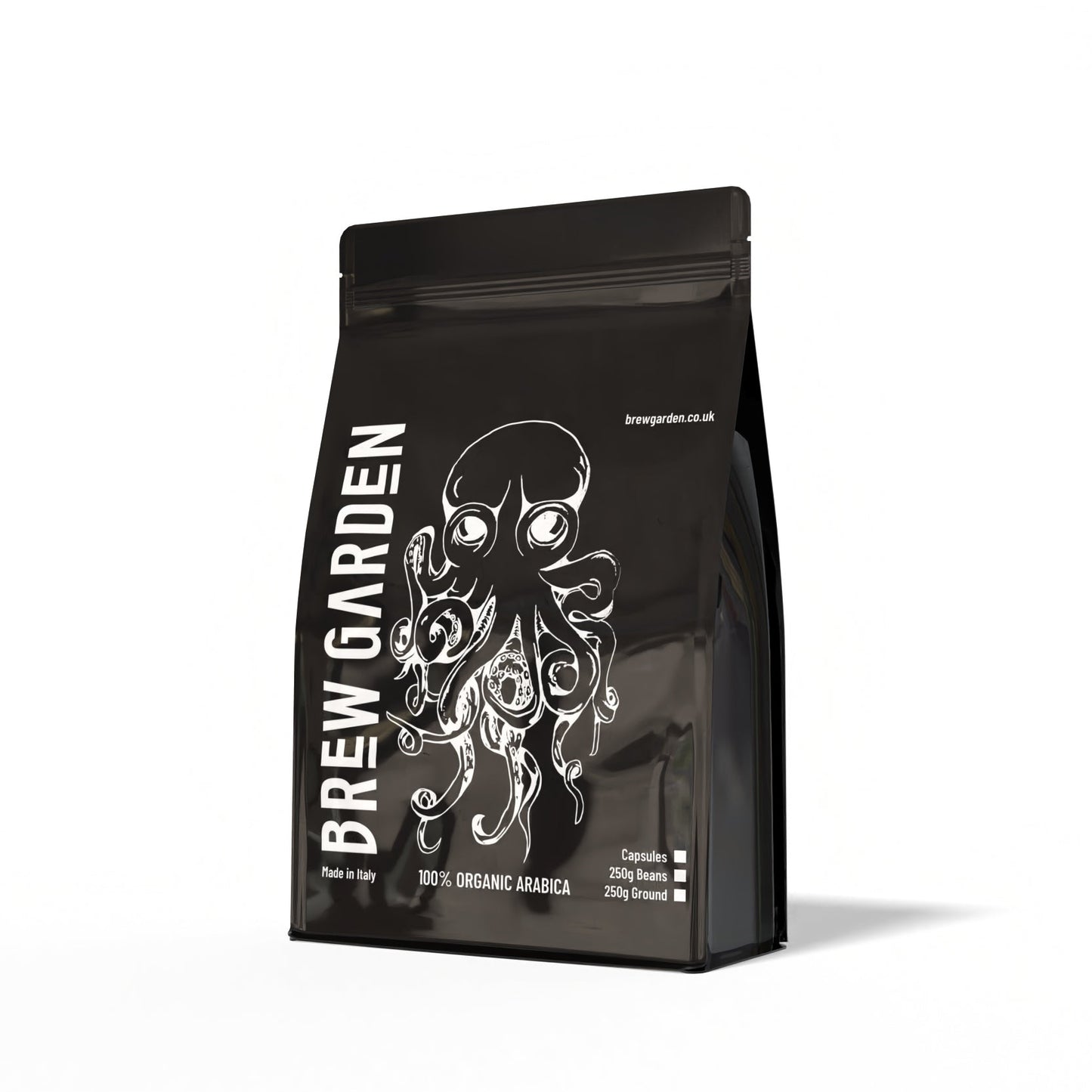 Black coffee bag with 'Brew Garden' branding and an octopus design on a white background