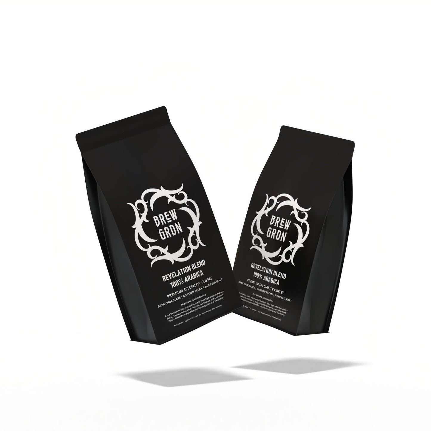 Two black coffee bags with white text on a white background