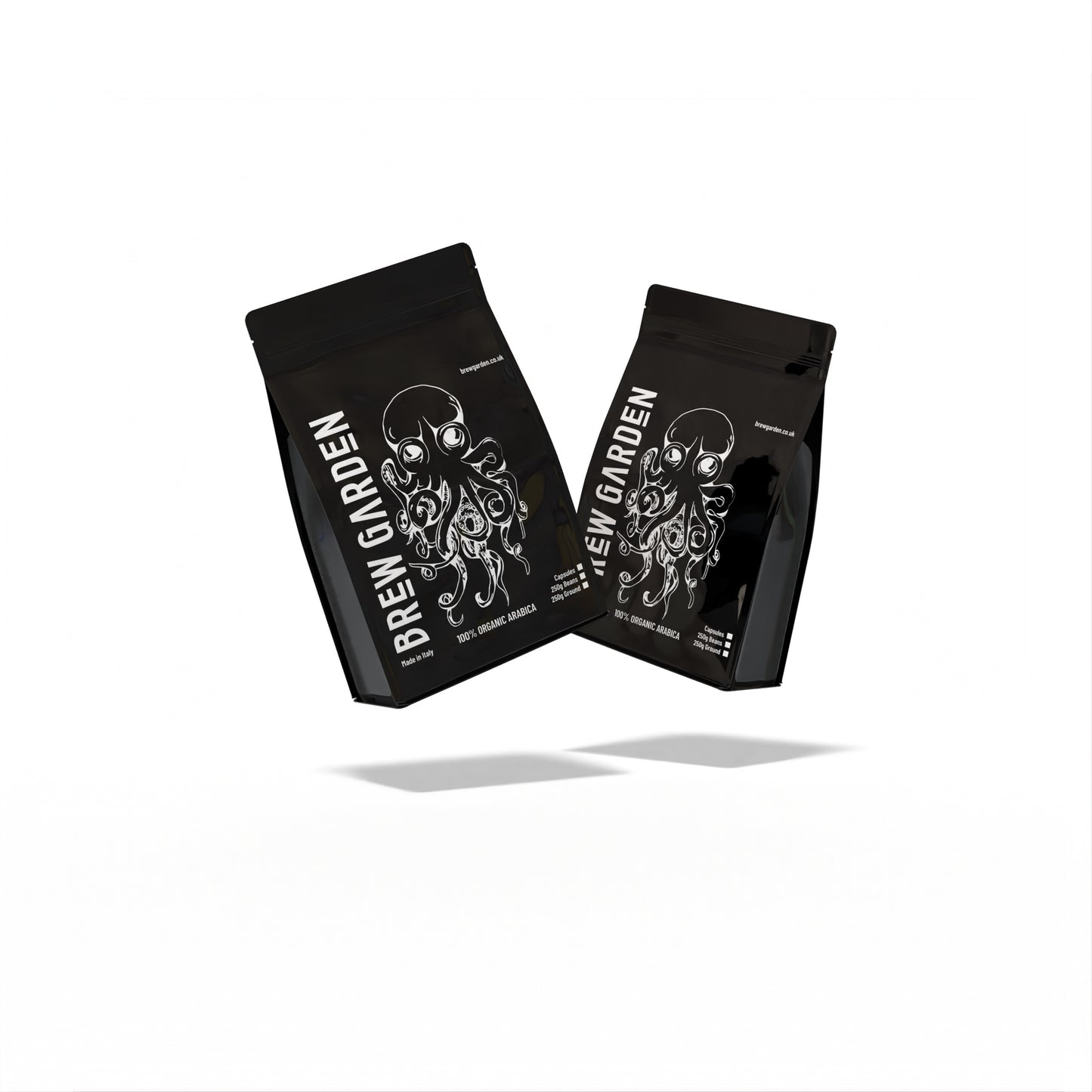 Two black coffee bags with 'Brew Garden' branding on a white background