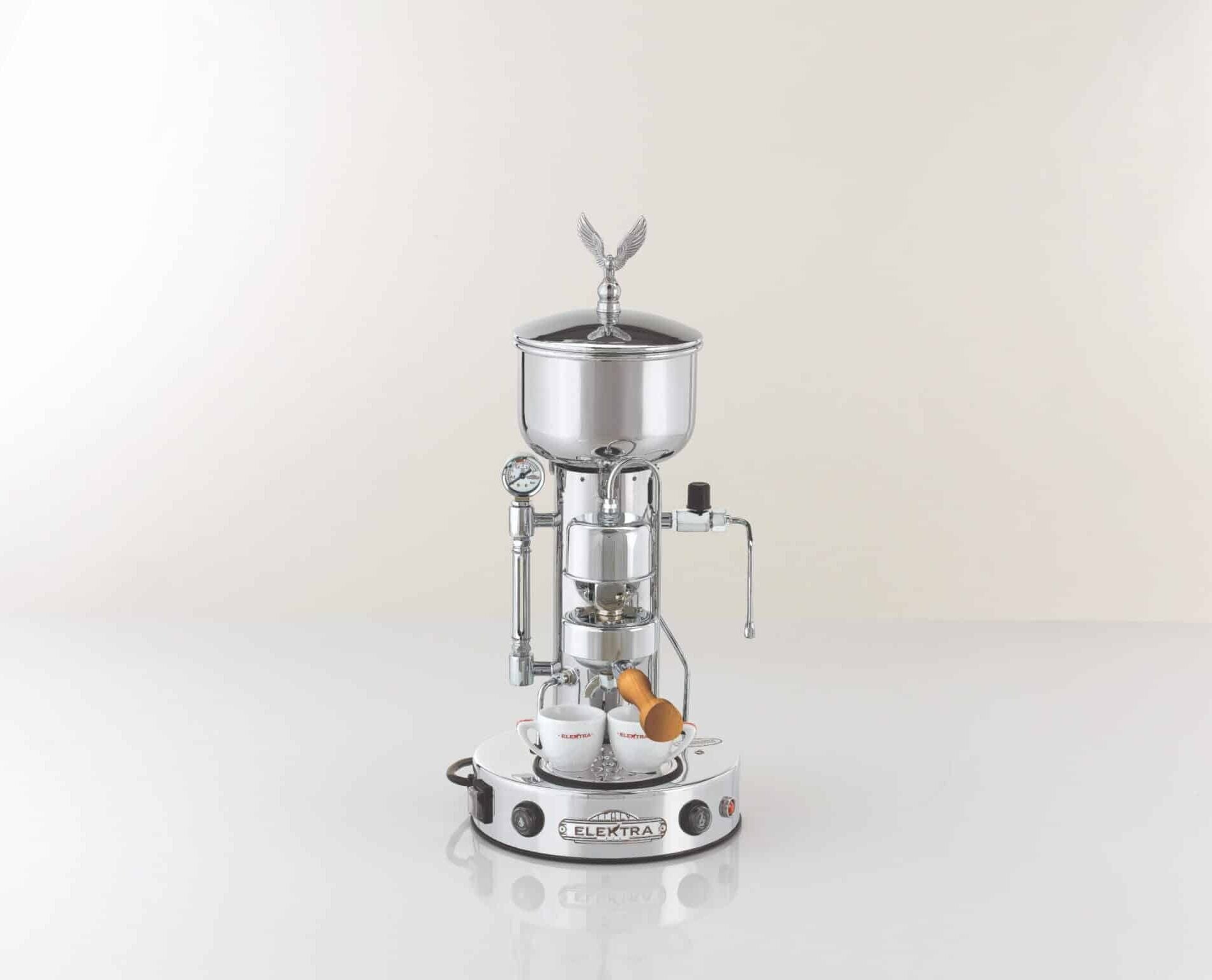 Silver espresso machine on a white background