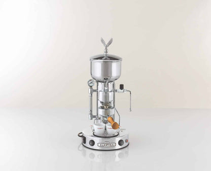 Silver espresso machine on a white background