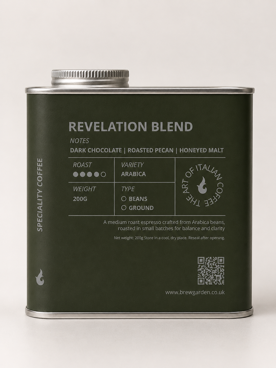 A matte dark olive green metal tin of Revelation Blend specialty coffee by Bruges Coffee, featuring white text and a silver screw-top lid, set against a plain light gray background.