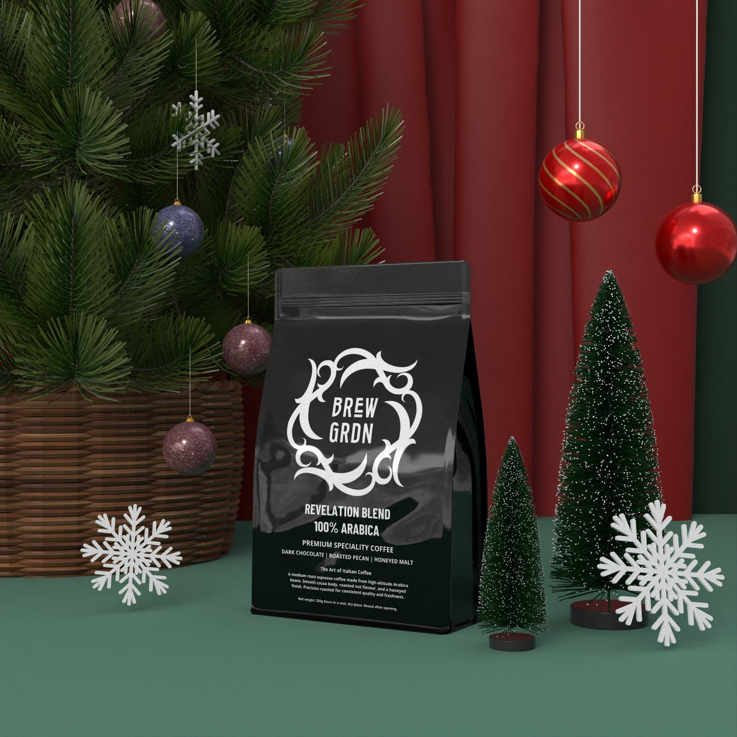 Brew Garden coffee bag with Christmas decorations including a tree and ornaments.